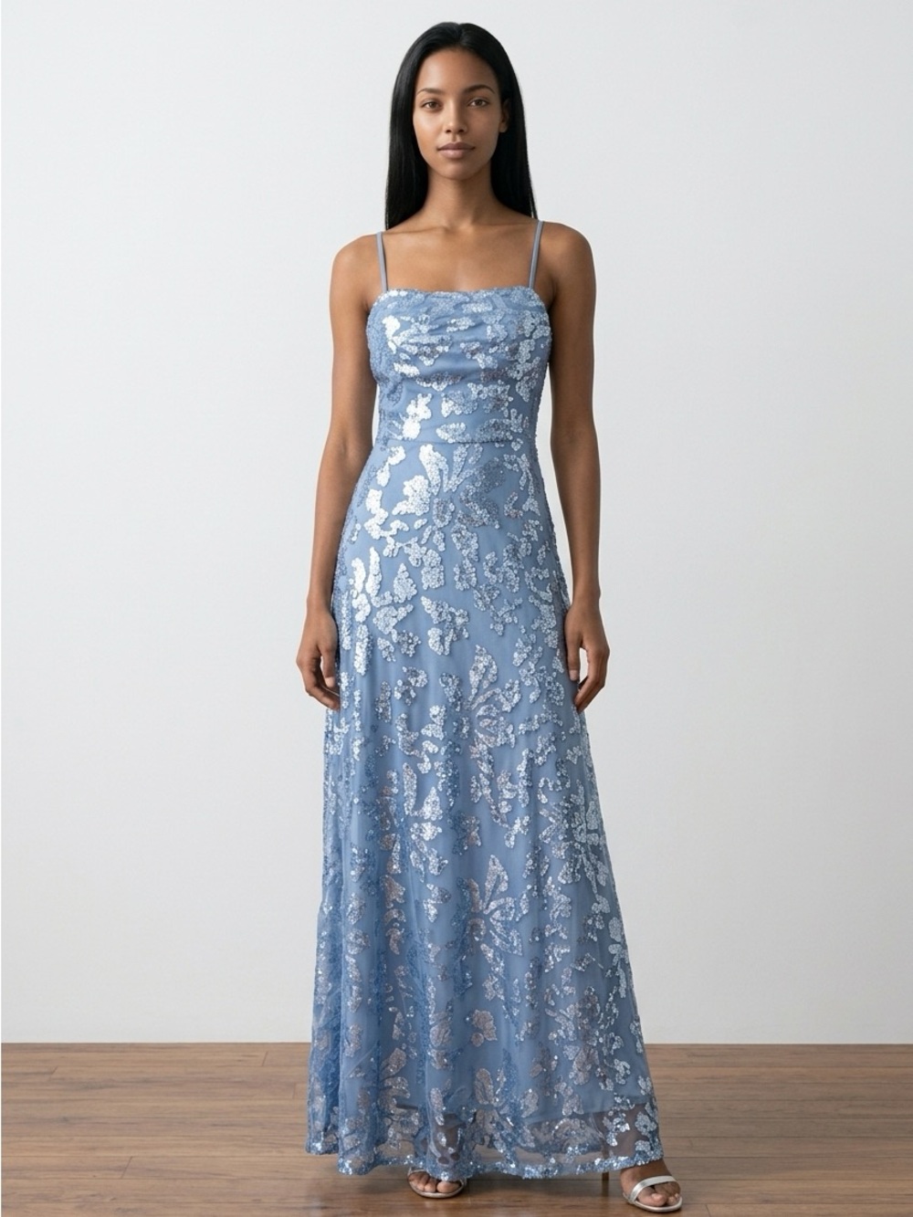 Blue Sequin Floral Maxi Dress